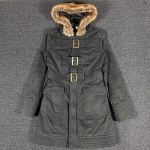 Y2K Roxy Utility Parka Jacket Women's Small Petite Faux Fur Hood Buckle Front